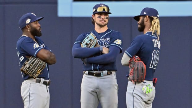 Tampa Bay Ray outfielders Randy Arozarena, Josh Lowe, and Raimel Tapia